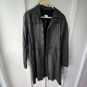 ILLIA Leather Jacket Black Button Front Coat Long Size Small
